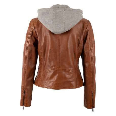 Blouson en cuir de mouton cognac à coupe droite pourvu d'un col à capuche - Image 2
