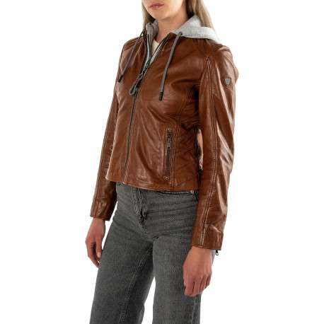 Blouson en cuir de mouton cognac à coupe droite pourvu d'un col à capuche - Image 3