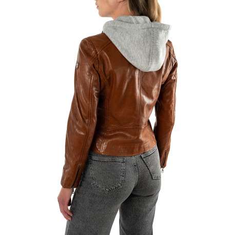 Blouson en cuir de mouton cognac à coupe droite pourvu d'un col à capuche - Image 4