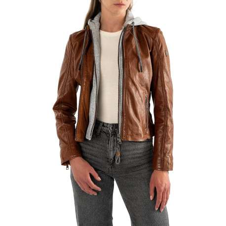 Blouson en cuir de mouton cognac à coupe droite pourvu d'un col à capuche - Image 5