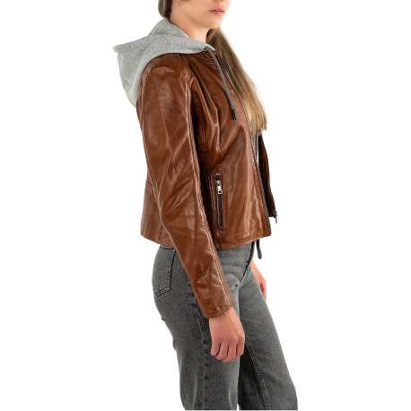 Blouson en cuir de mouton cognac à coupe droite pourvu d'un col à capuche - Image 6