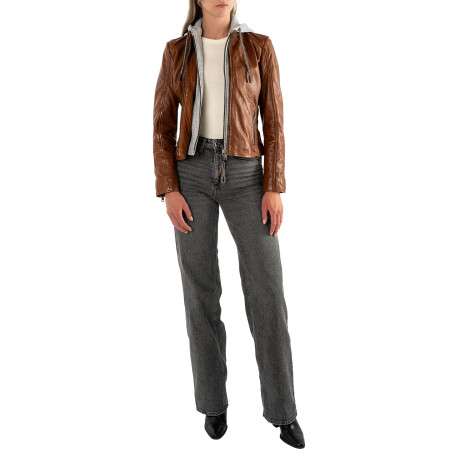 Blouson en cuir de mouton cognac à coupe droite pourvu d'un col à capuche - Image 7