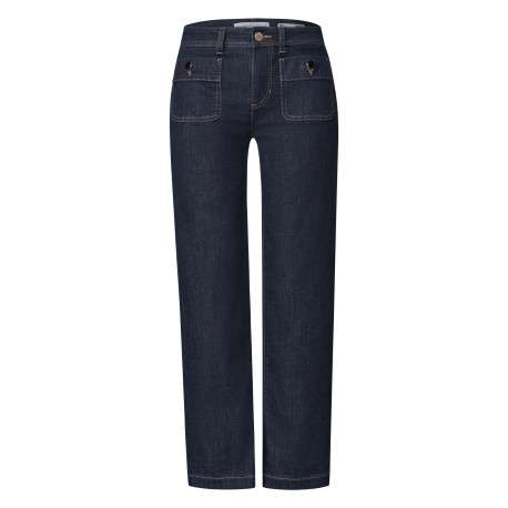 Jean en coton mélangé indigo à coupe droite pourvu de coutures contrastées