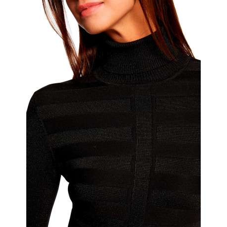 Pull noir uni ajusté à col roulé et à manches longues avec rayures ton sur ton - Image 3