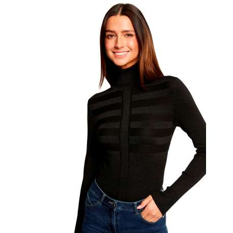 Pull noir uni ajusté à col roulé et à manches longues avec rayures ton sur ton - Image 4