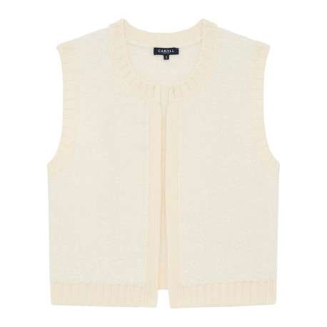 Gilet écru uni en maille fine avec une coupe droite et un col rond