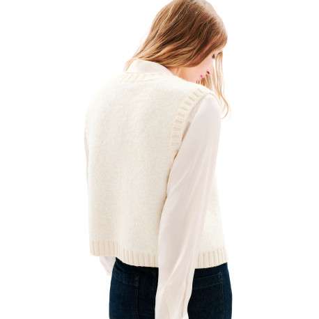 Gilet écru uni en maille fine avec une coupe droite et un col rond - Image 3