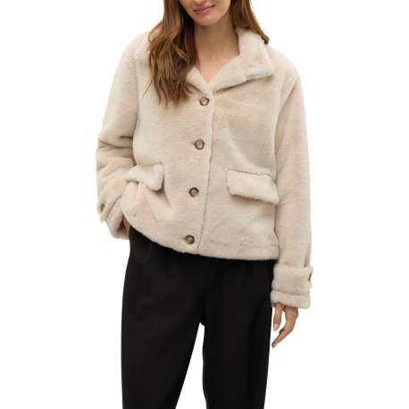 Blouson beige uni à coupe droite avec un col montant et des manches longues - Image 2