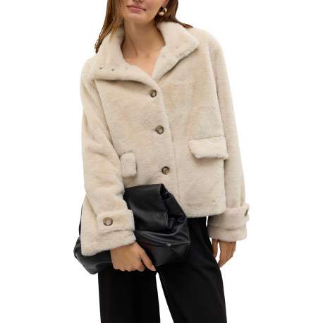 Blouson beige uni à coupe droite avec un col montant et des manches longues - Image 5