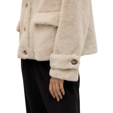 Blouson beige uni à coupe droite avec un col montant et des manches longues - Image 6