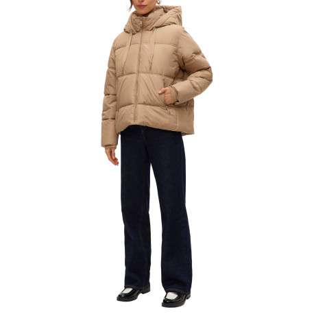 Doudoune beige matelassée avec un col à capuche et fermeture à glissière - Image 6