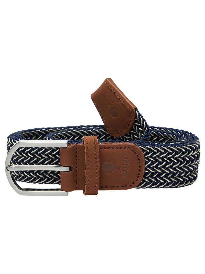 Ceinture tressée élastique bleu marine et beige à empiècements marron