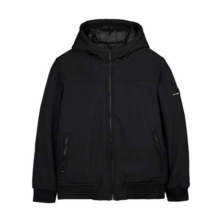 Blouson zippé noir pourvu d'une coupe droite et d'un col à capuche