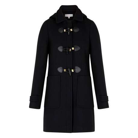 Manteau noir à coupe droite pourvu d'un col à capuche et de manches longues
