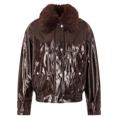 Blouson marron à coupe droite pourvu d'un col à revers et de manches longues