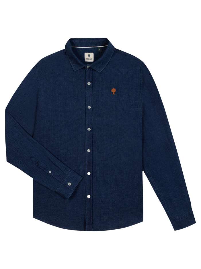 Chemise en coton recyclé bleu marine agrémenté du logo à coupe droite