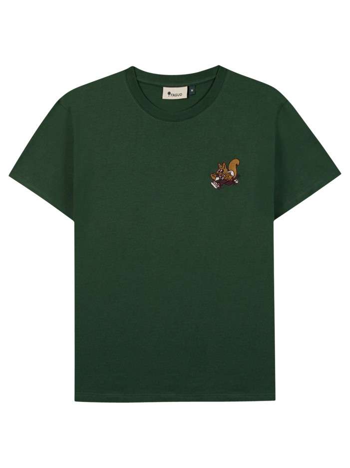T-shirt en coton vert agrémenté d'une broderie écureuil à coupe droite