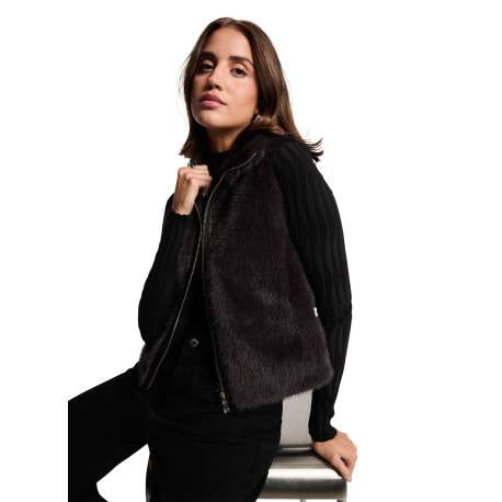 Blouson noir sans manche à coupe droite pourvu d'un col montant - Image 3