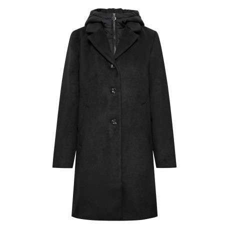 Manteau noir à coupe droite pourvu d'un col à capuche et de manches longues