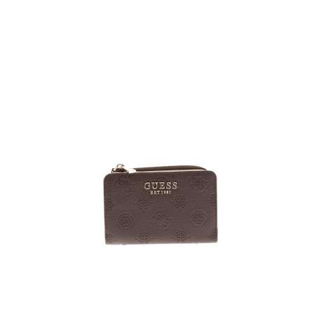 Porte-monnaie chocolat à motif monogramme muni d'un zip et d'un bouton-pression
