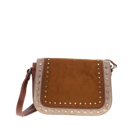Sac à bandoulière bi-matière pourvu d'un rabat orné de rivets décoratifs