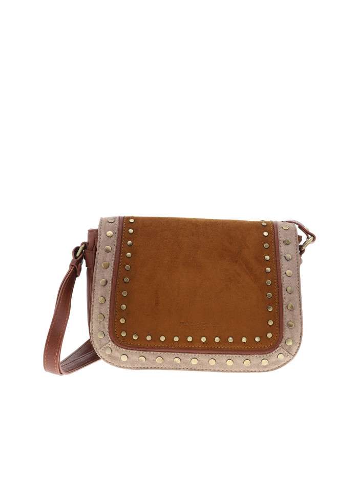 Sac à bandoulière bi-matière pourvu d'un rabat orné de rivets décoratifs