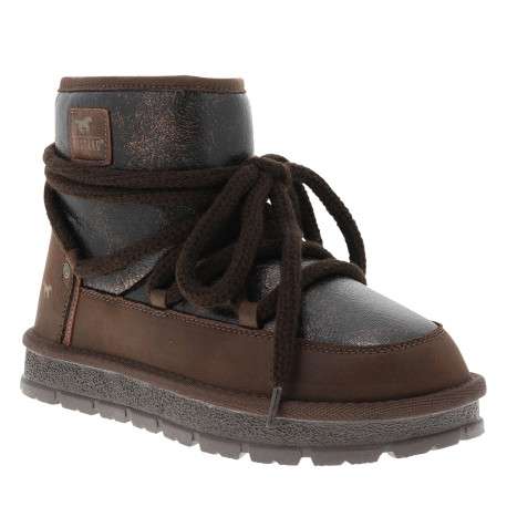 Bottines marron brillantes à talon plat pourvues d'un zip et des lacets ronds - Image 2
