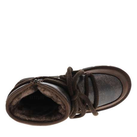 Bottines marron brillantes à talon plat pourvues d'un zip et des lacets ronds - Image 5