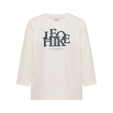 T-shirt en coton écru à coupe droite pourvu d'un col rond et de manches 3/4