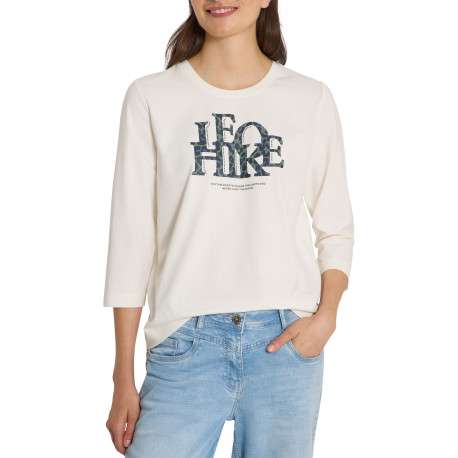 T-shirt en coton écru à coupe droite pourvu d'un col rond et de manches 3/4 - Image 3