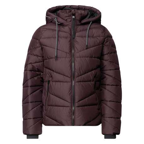 Manteau bordeaux à coupe droite pourvu d'un col à capuche et de manches longues