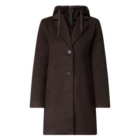 Manteau brun à coupe droite pourvu d'un col à capuche duveteux