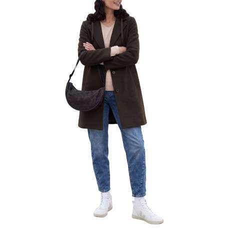 Manteau brun à coupe droite pourvu d'un col à capuche duveteux - Image 3