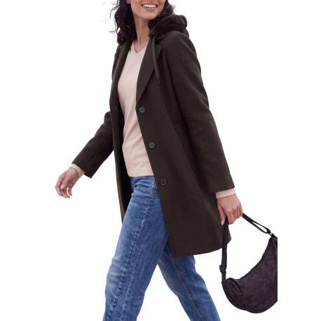 Manteau brun à coupe droite pourvu d'un col à capuche duveteux - Image 6