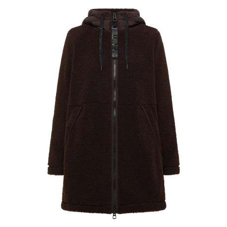 Manteau brun à coupe droite pourvu d'un col à capuche et de manches longues