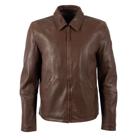 Blouson en cuir de mouton marron pourvu de 2 poches latérales à coupe droite
