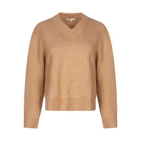 Pull à col V beige en maille épaisse pourvu de manches longues