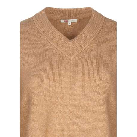 Pull à col V beige en maille épaisse pourvu de manches longues - Image 3
