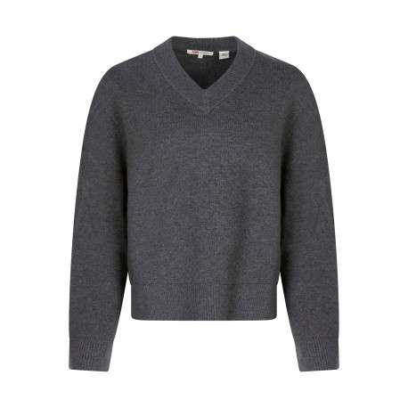Pull à col V gris en maille épaisse pourvu d'une coupe droite