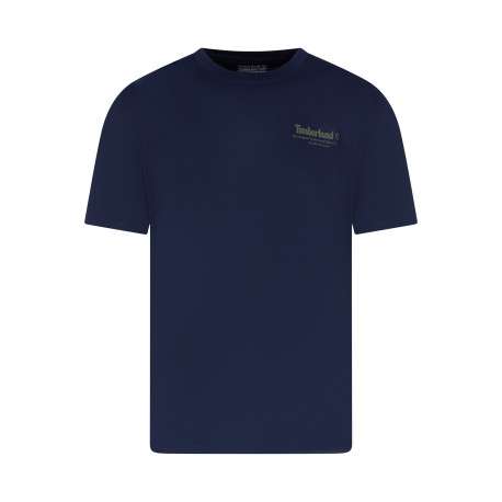 T-shirt en coton bleu indigo imprimé avec un col rond et une coupe droite