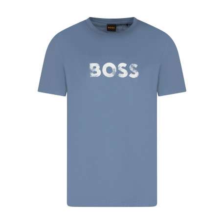 T-shirt en coton bleu pourvu d'une coupe droite et d'un col rond