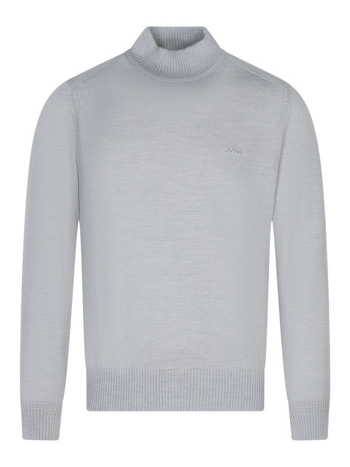 Pull gris clair à coupe droite pourvu d'un col montant élastiqué