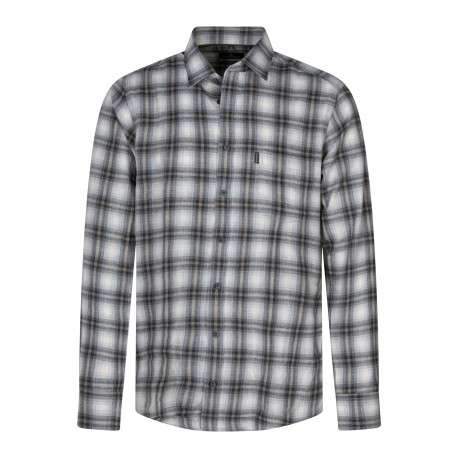 Chemise en coton gris et écru à carreaux pourvue d'une coupe droite