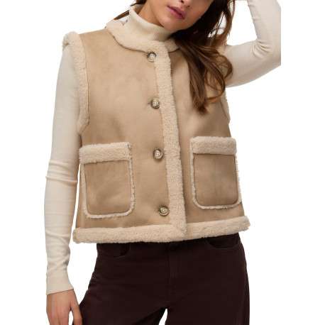 Gilet beige sans manches avec des bordures imitation sherpa à coupe droite