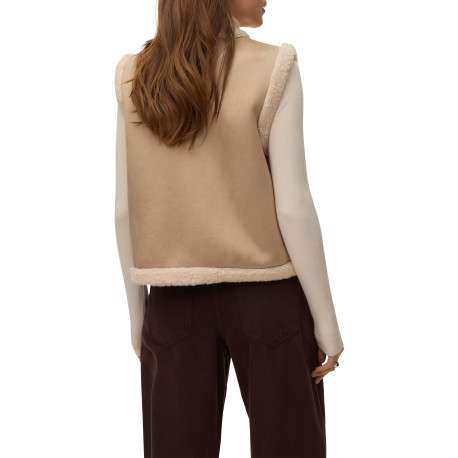 Gilet beige sans manches avec des bordures imitation sherpa à coupe droite - Image 2