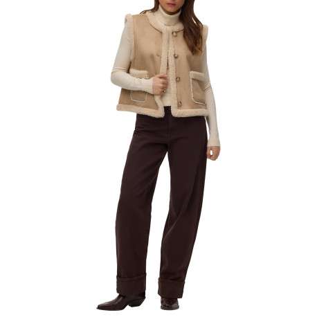 Gilet beige sans manches avec des bordures imitation sherpa à coupe droite - Image 3
