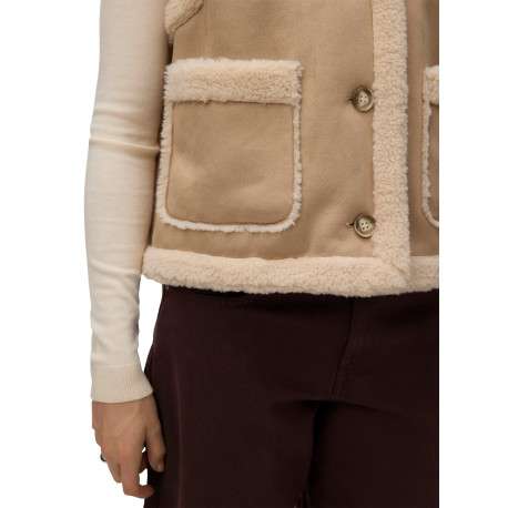 Gilet beige sans manches avec des bordures imitation sherpa à coupe droite - Image 4