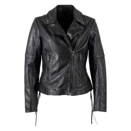 Blouson en cuir de mouton noir doté d'un col à revers et d'une coupe cintrée