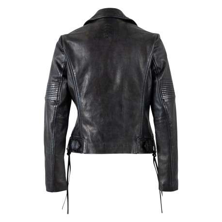 Blouson en cuir de mouton noir doté d'un col à revers et d'une coupe cintrée - Image 2