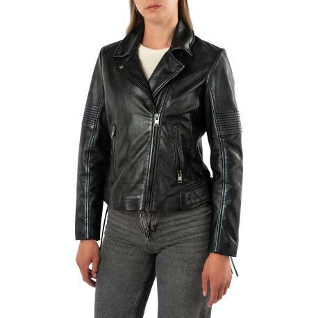 Blouson en cuir de mouton noir doté d'un col à revers et d'une coupe cintrée - Image 3